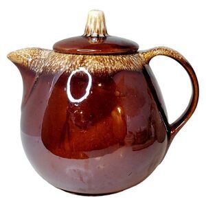 Vintage Hull Pottery Brown Drip Ball Shaped Tea Pot & Lid Oven Proof USA 6 3/4"